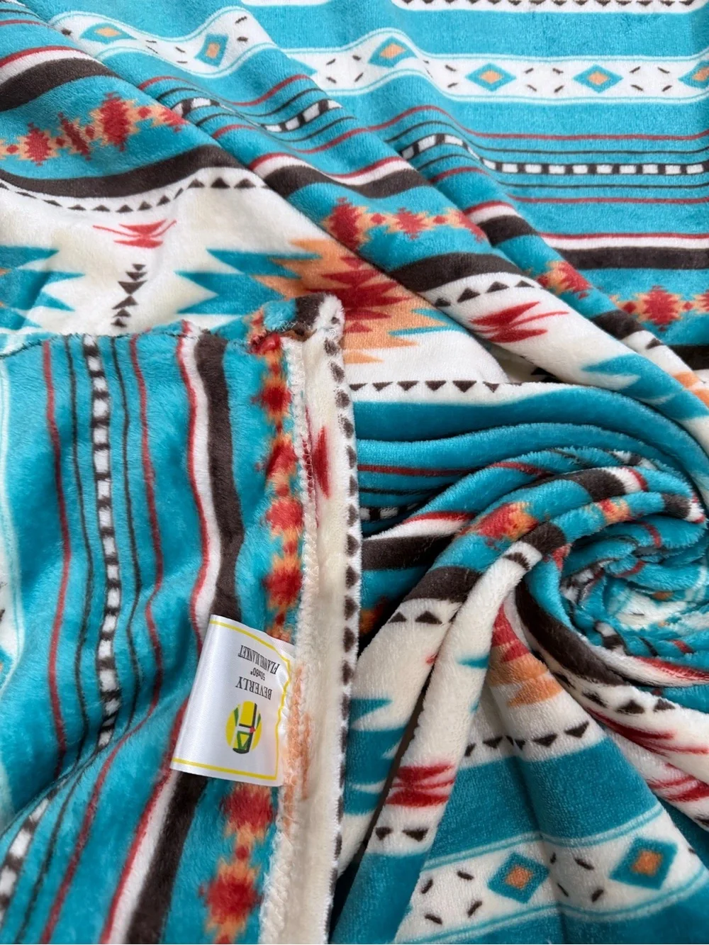 TEAL Queen Southwest tribal Aztec Geometric Plush fleece Blanket